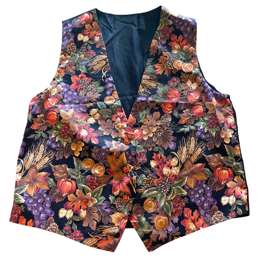 Vintage Halloween Fall Harvest Vest Pumpkin Buttons Grapes Leaves Unisex S M